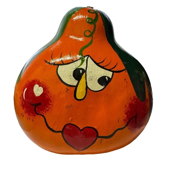 Silly Girl Face Hand Painted Gourd Fall Halloween 9.75" x 9" - Picture 2 of 12